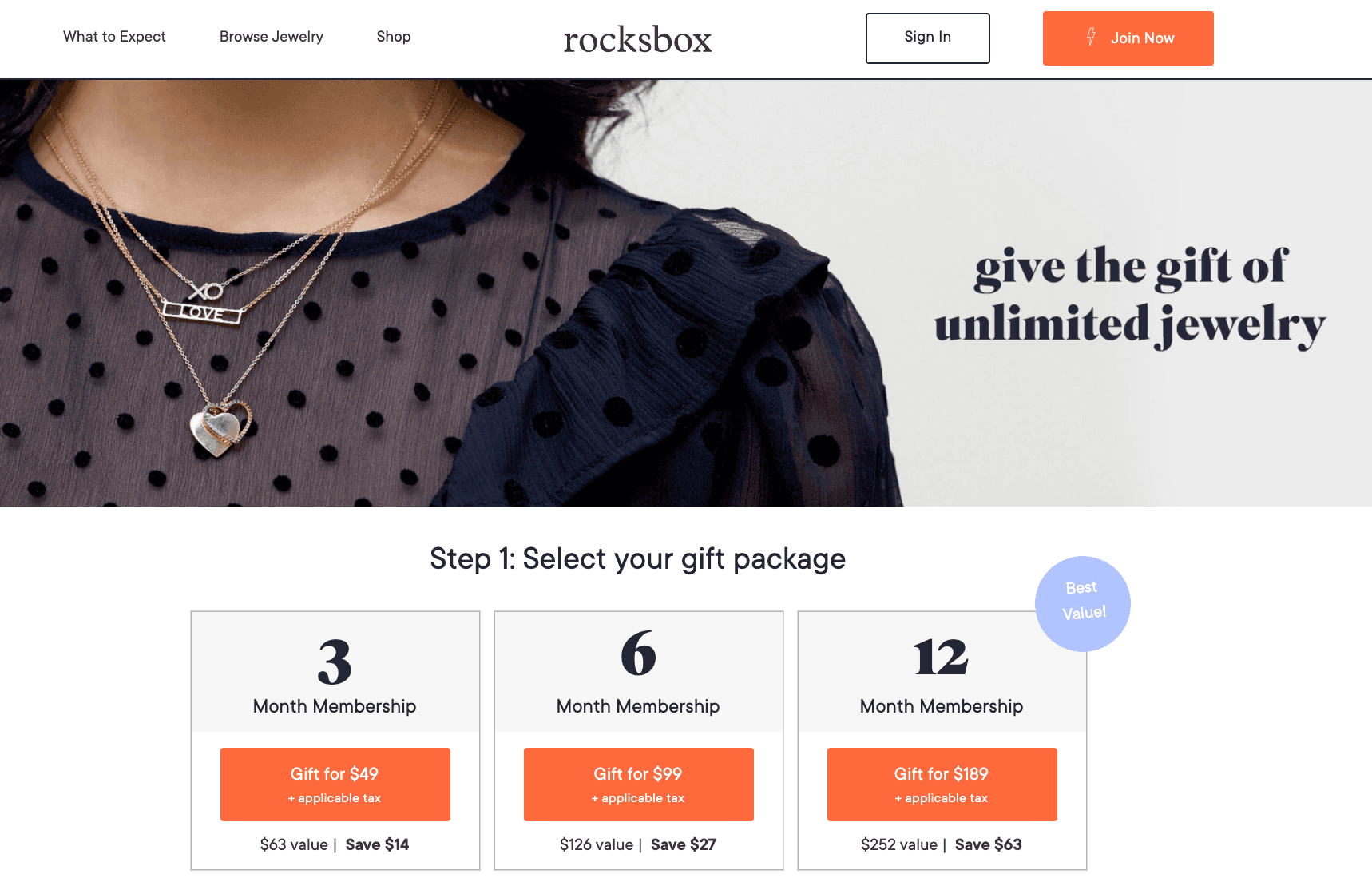 Jewelry store website gift packages screen