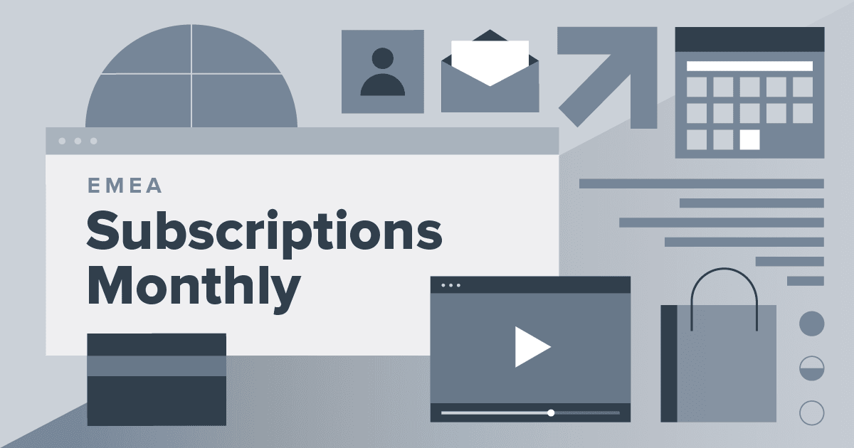 Image with graphics about subscription industry news for the Subscriptions Monthly in Europe newsletter