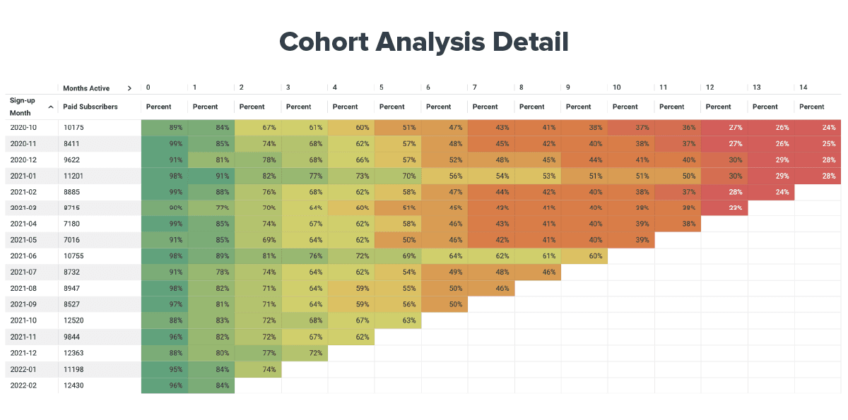 Image of Recurly Analytics dashboard showing cohort analysis for subscription plans.