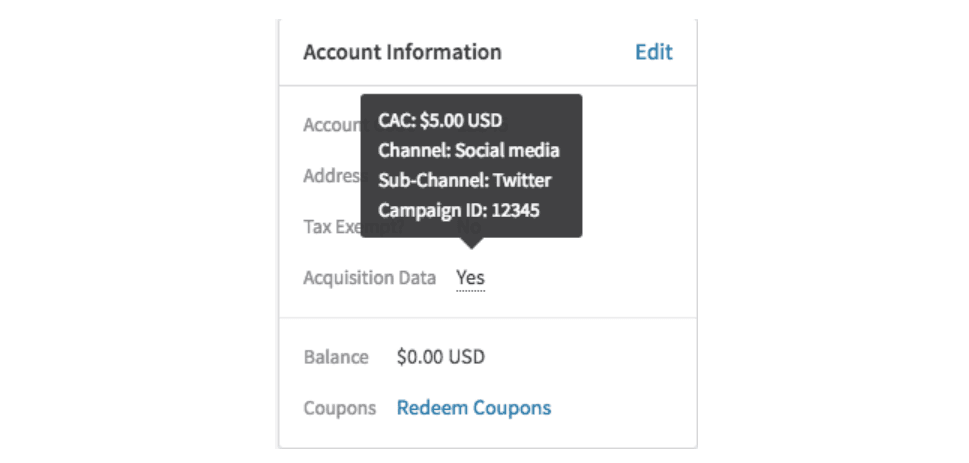 Account Information screen, showing acquisition data in Recurly Analytics