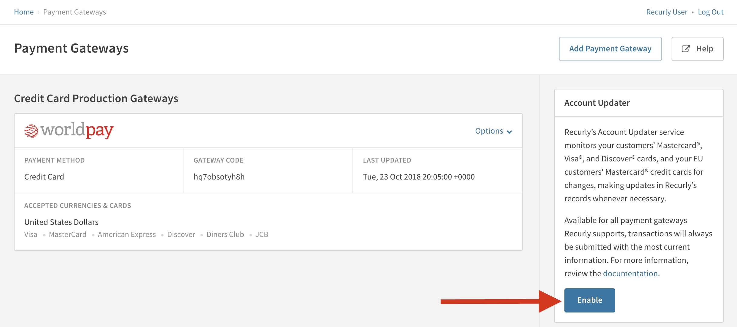 Account Updater enabling on Recurly software