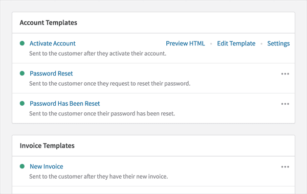 Account Templates options on Recurly software