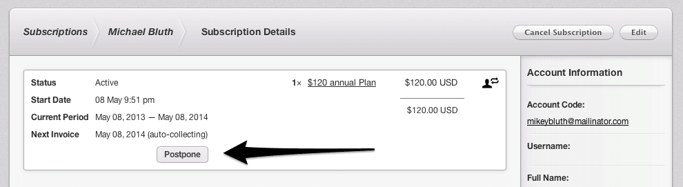 Subscription Details screen