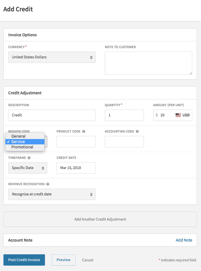 Add Credit screen on Recurly software