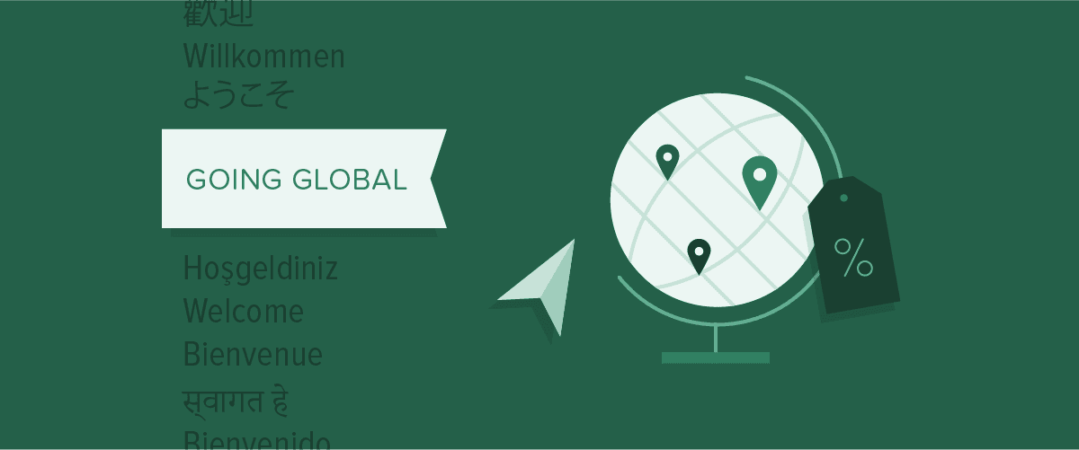 Going global banner showing the globe and multiple languages