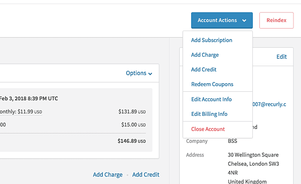 Account Actions dropdown on Recurly software